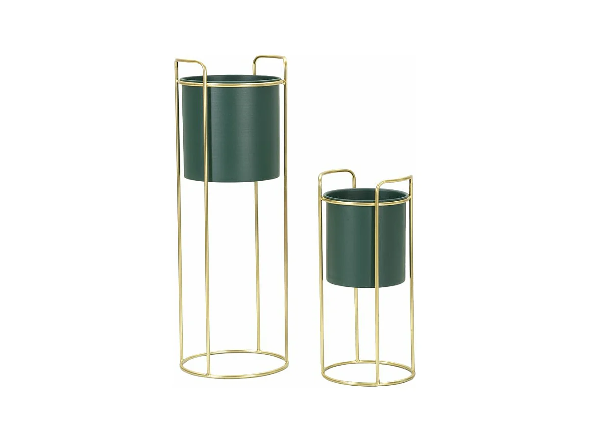 Porte-Vases GRENT SLIM - Set de 2 Pièces en Fer avec Base Dorée - Dimensions Ø 24x70 cm et Ø 19,5x45 cm - Couleur Vert et Or