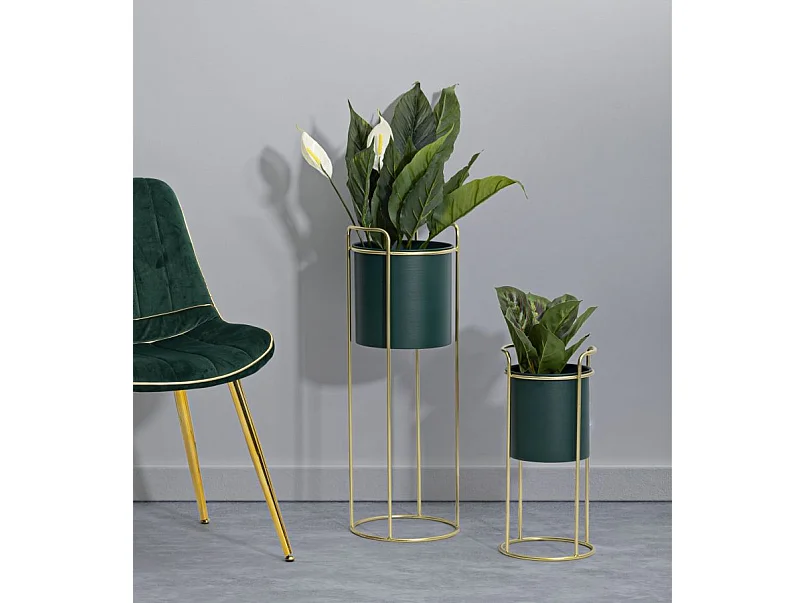 Lot de 2 Cache-Pots sur Pied "Grent Slim" 70cm Vert & Or