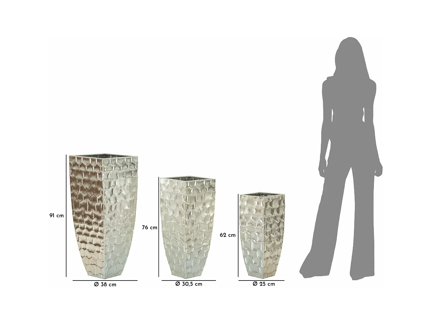 Lot de 3 Vases en Métal "Argy" 90cm Argent