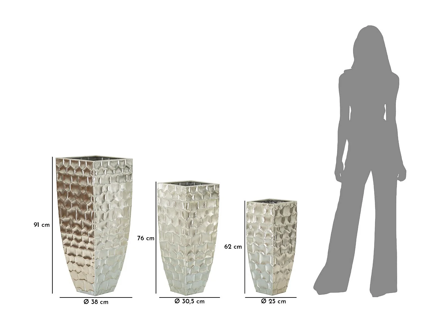 Lot de 3 Vases en Métal "Argy" 90cm Argent