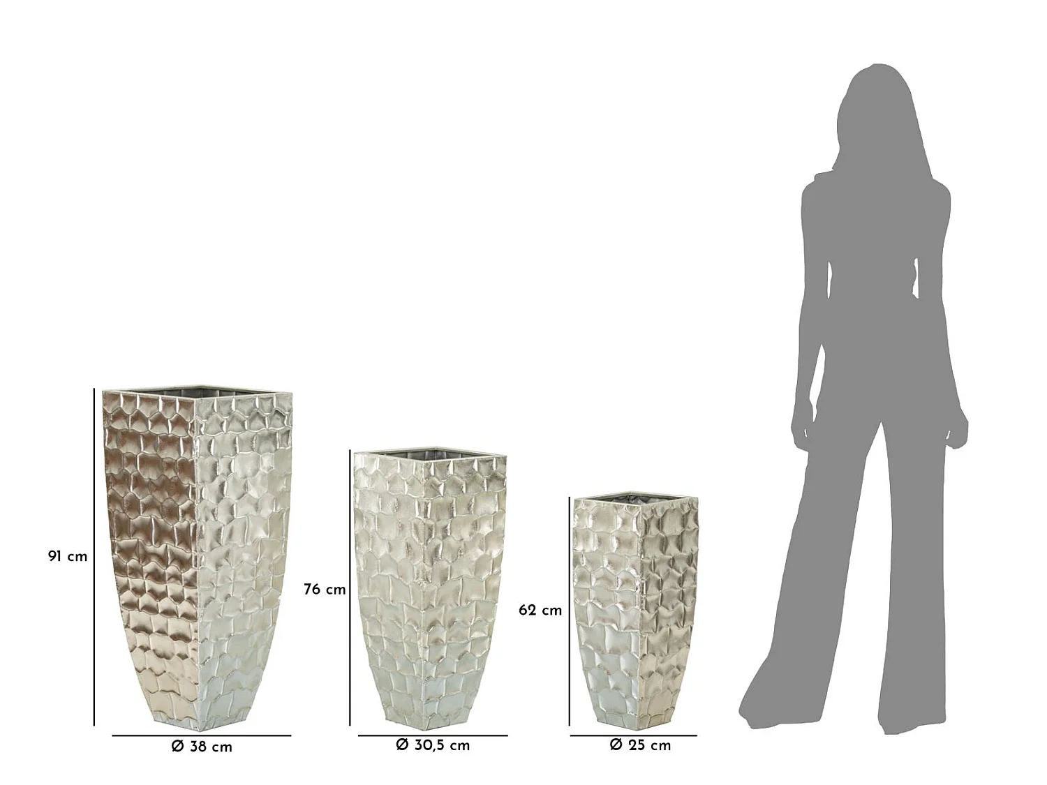 Lot de 3 Vases en Métal "Argy" 90cm Argent