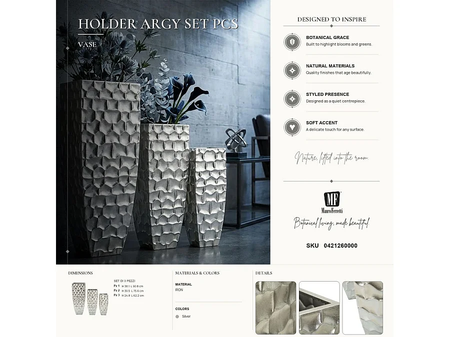 Lot de 3 Vases en Métal "Argy" 90cm Argent