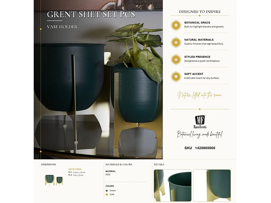 Goud en groene metalen plantenpotten, set van 2, Ø 24,5x26-19x21 cm