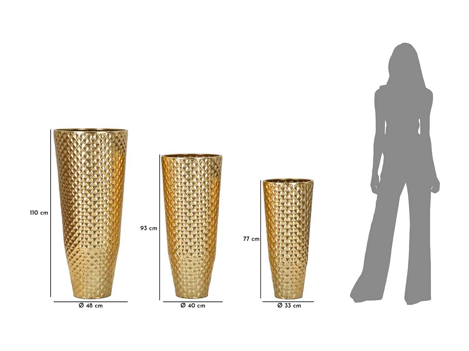 Lot de 3 Vases en Métal "Glotty" 110cm Or