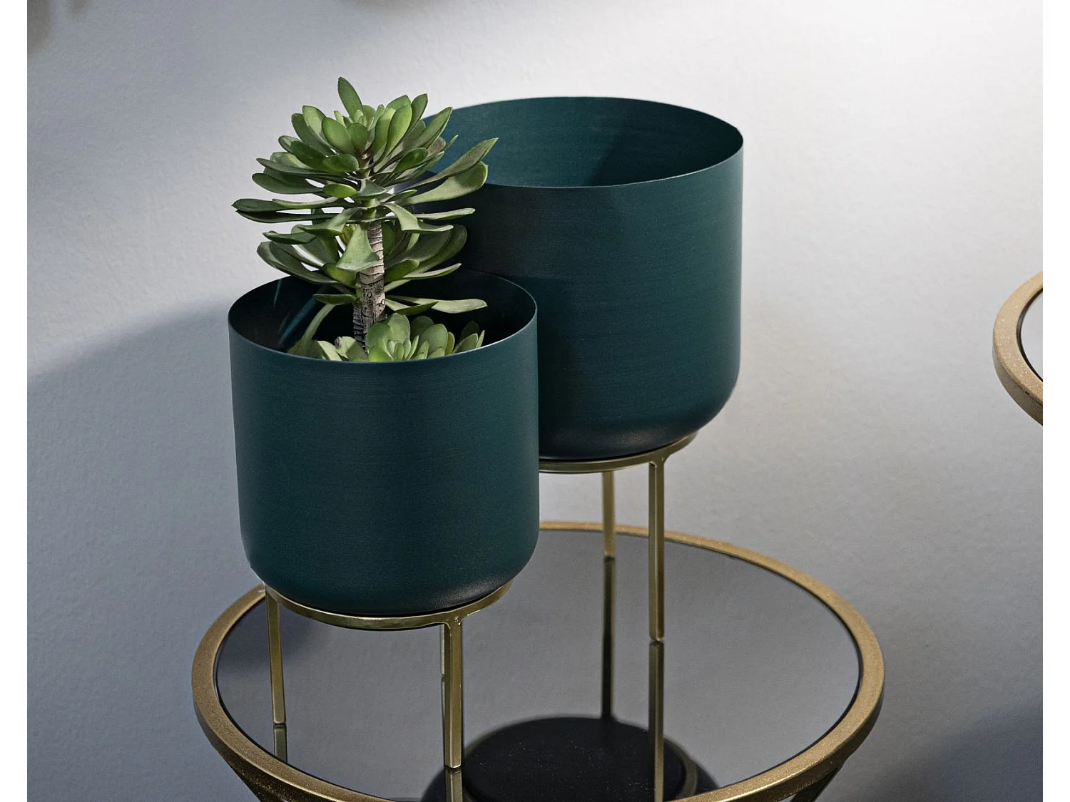 Lot de 2 Cache-Pots sur Pied "Grent" 29cm Vert & Or
