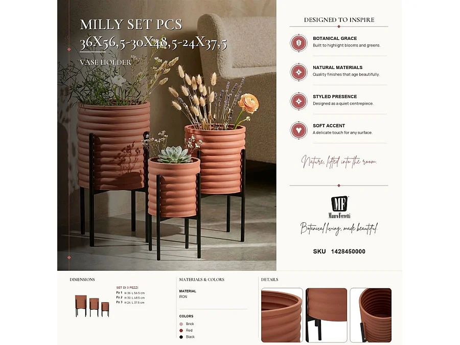 Lot de 3 Cache-Pots sur Pied "Milly" 56cm Brique