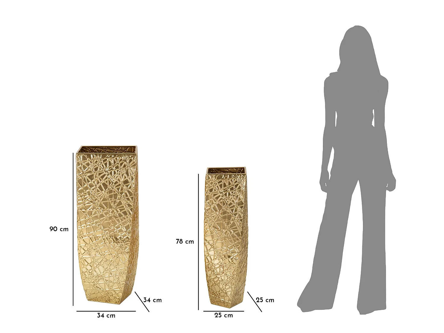 Portavasi in metallo dorato cm 34x34x90-25x25x78.