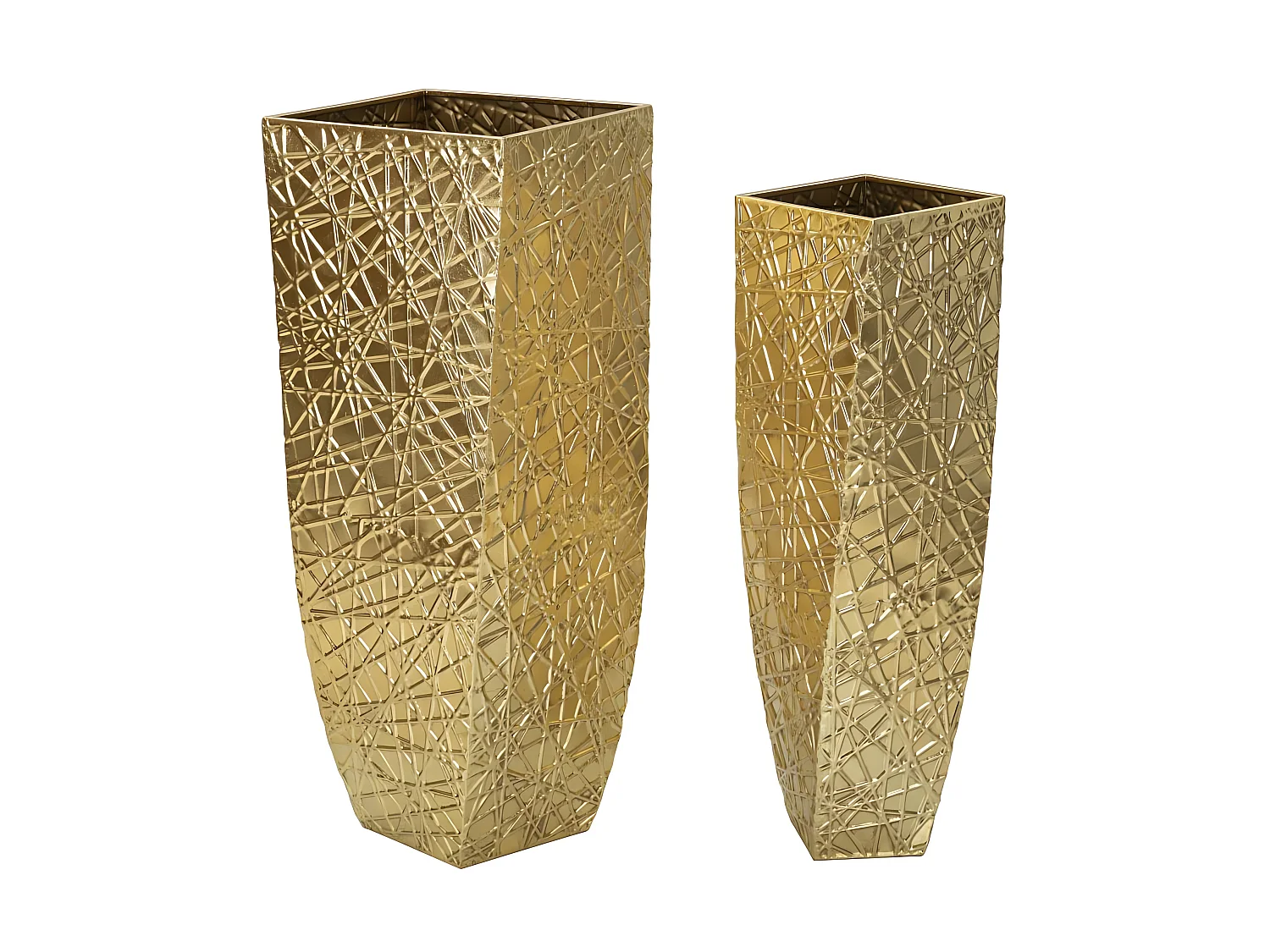 Par de jarrones cuadrados de metal dorado - Diseño con textura lineal en relieve estilo glamuroso CM 34X34X90