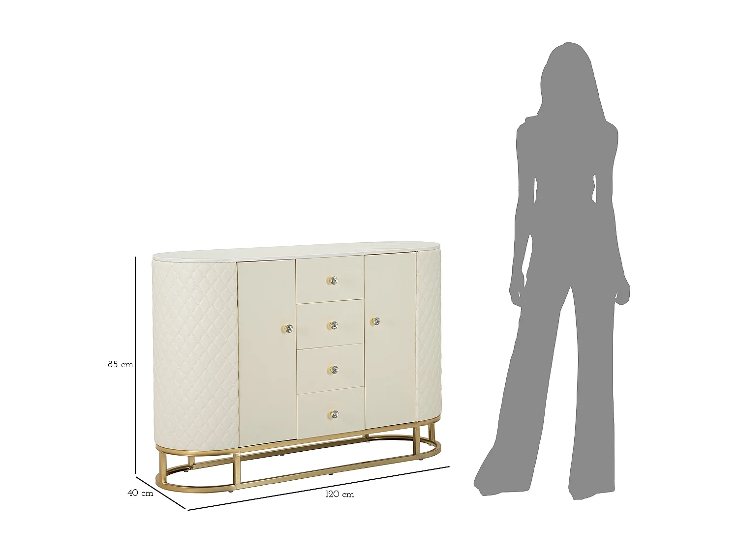 Mobile in metallo dorato e similpelle crema cm 120x40x85