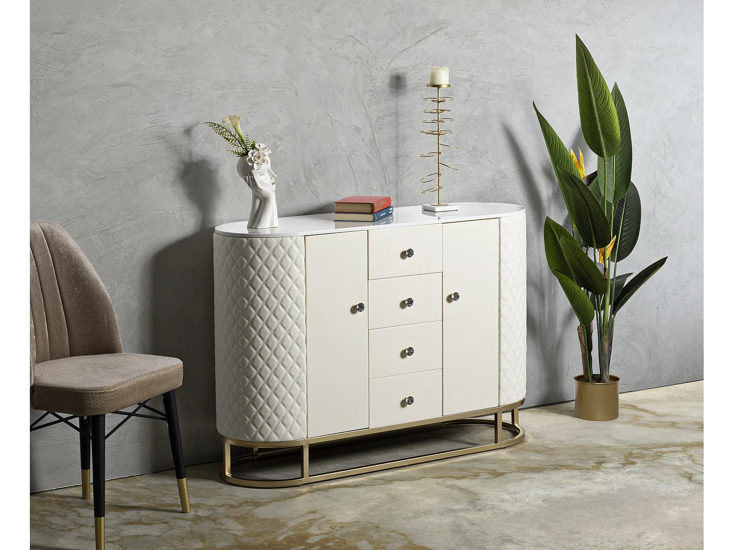 Meuble en métal doré et simili cuir crème 120x40x85 cm