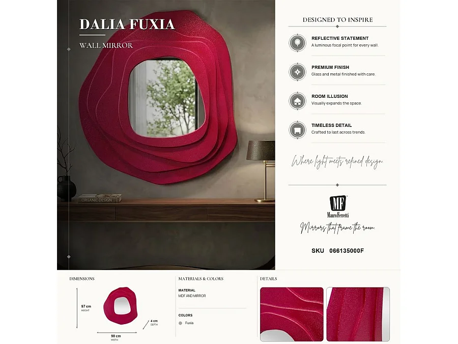 Espejo de pared de diseño en MDF 90x97 cm Dalia - Fucsia