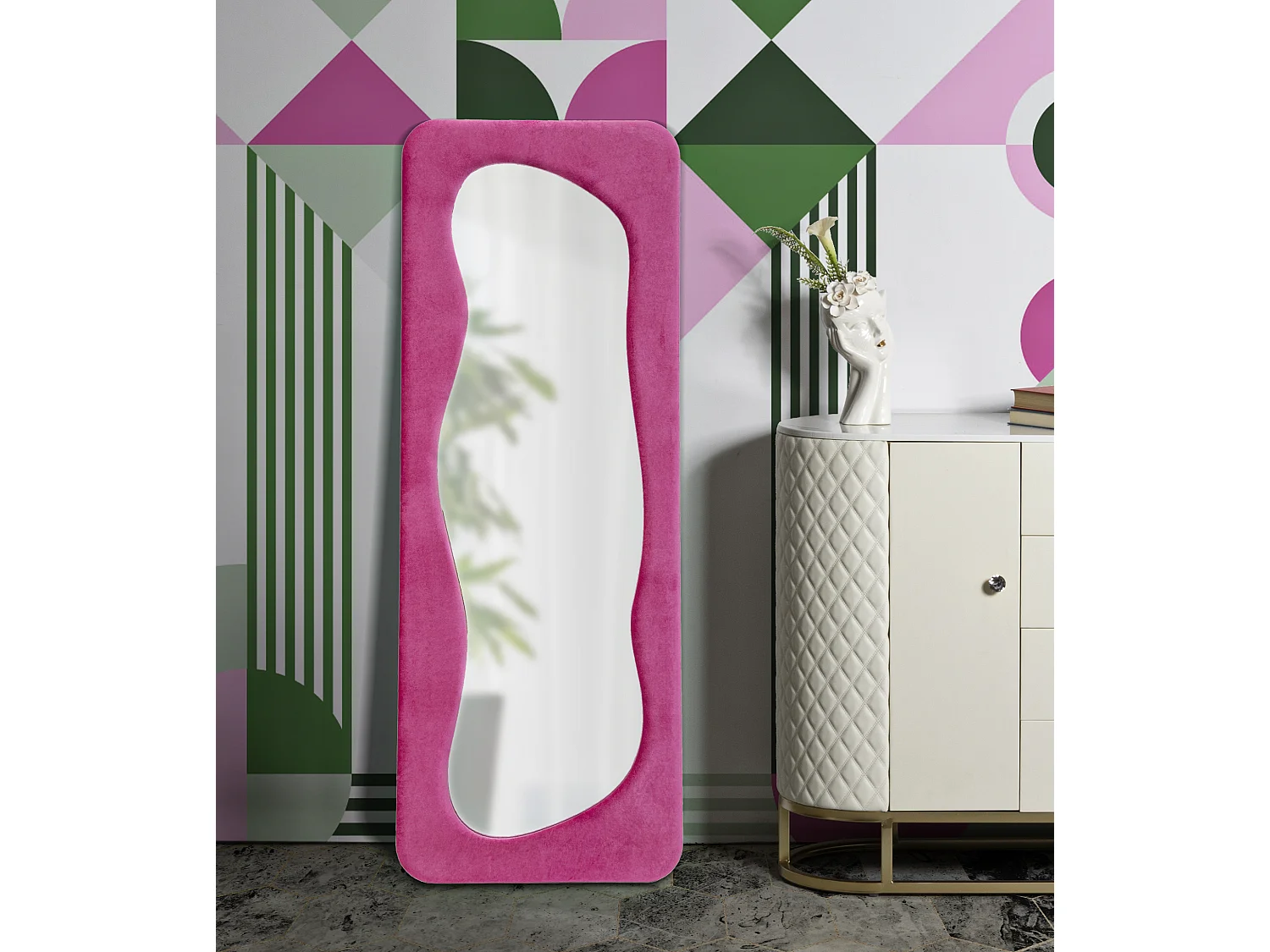 Specchio da parete in velluto fucsia cm 60x4x160