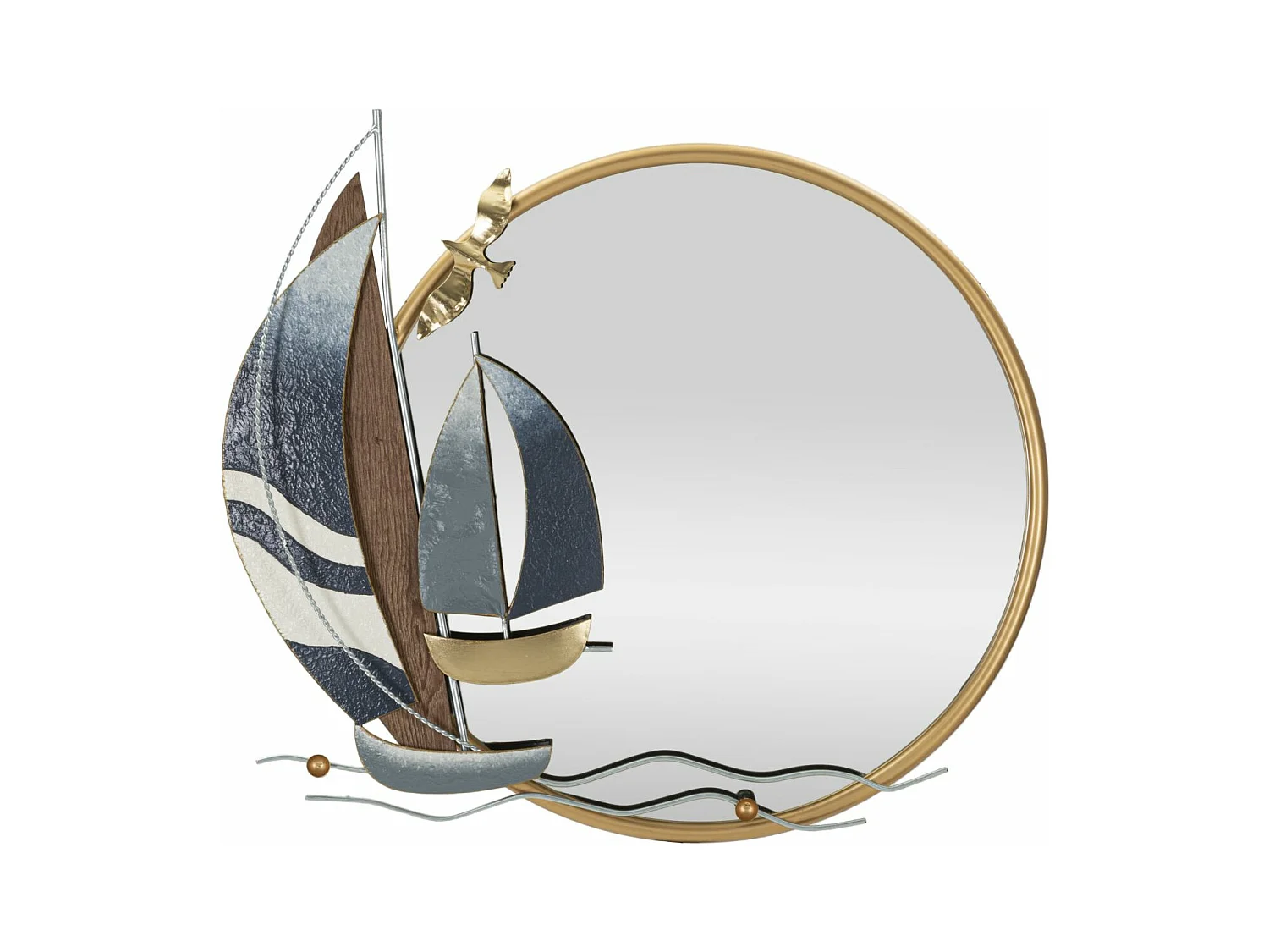 Miroir Mural Décoratif avec Motifs de Voiliers - Style Marin Évocateur - 71x8x64 cm