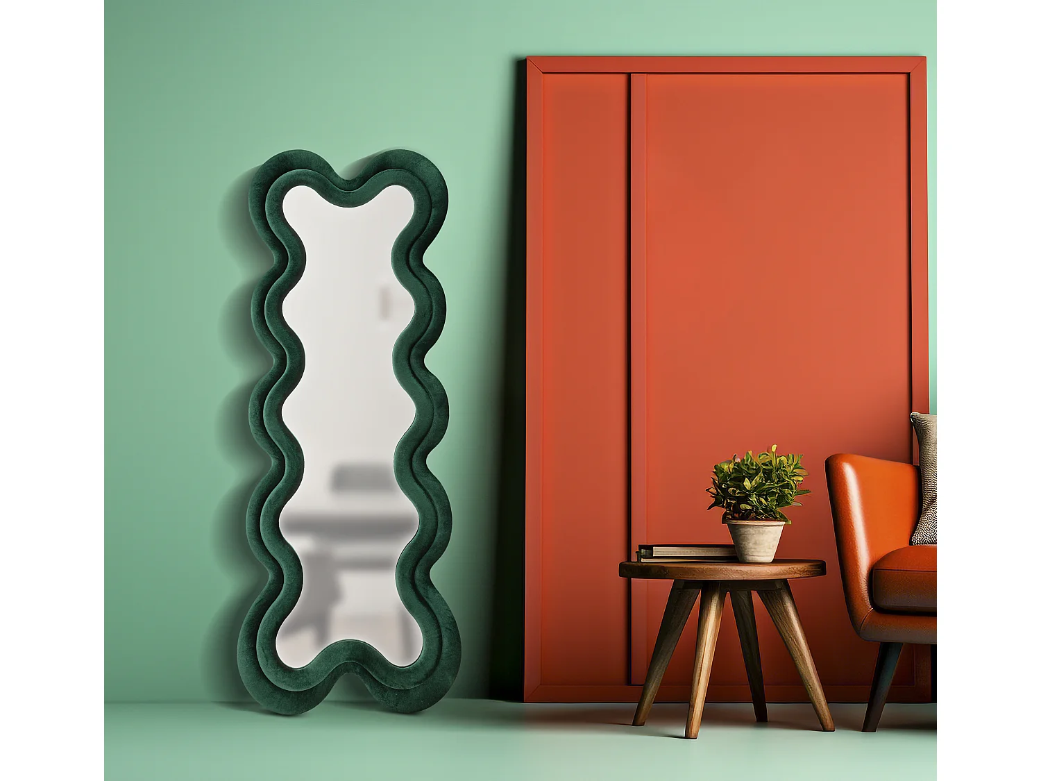 Specchio da parete in velluto verde cm 58x4x160