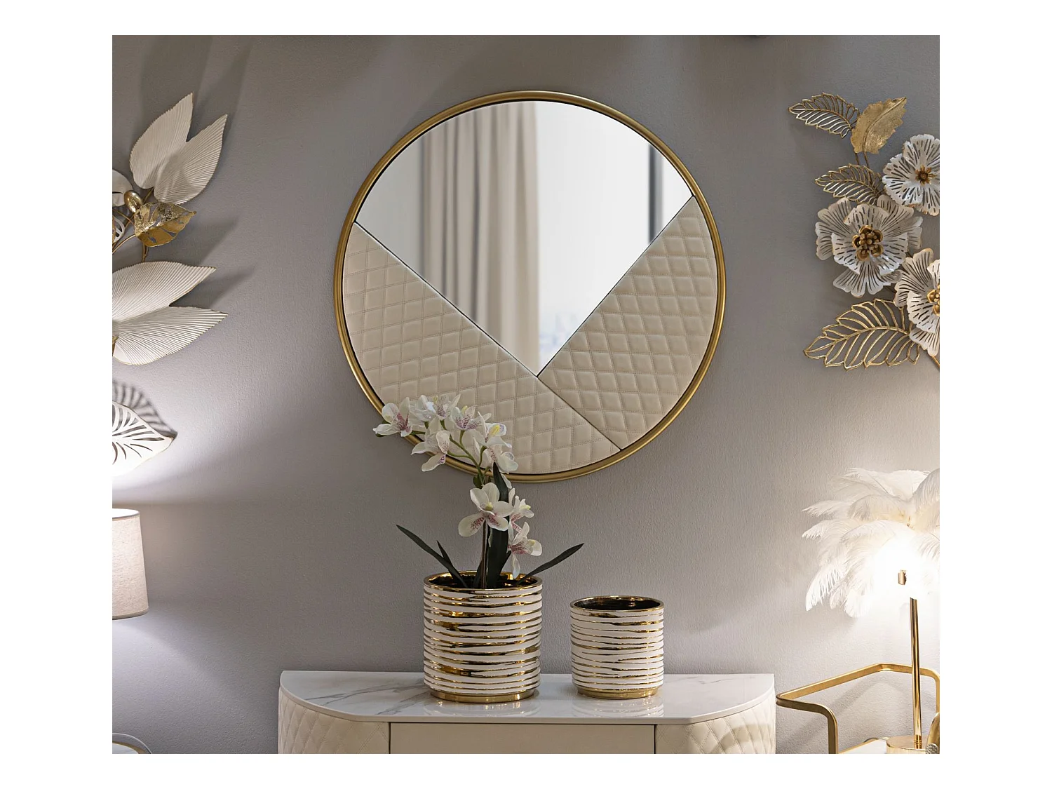 Miroir Mural Design "Sharon" 80cm Blanc & Or