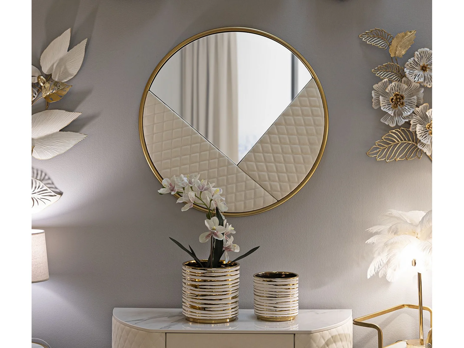 Miroir Mural Design "Sharon" 80cm Blanc & Or