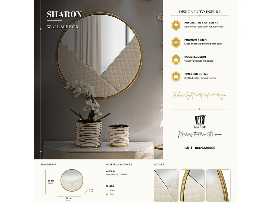 Miroir Mural Design "Sharon" 80cm Blanc & Or