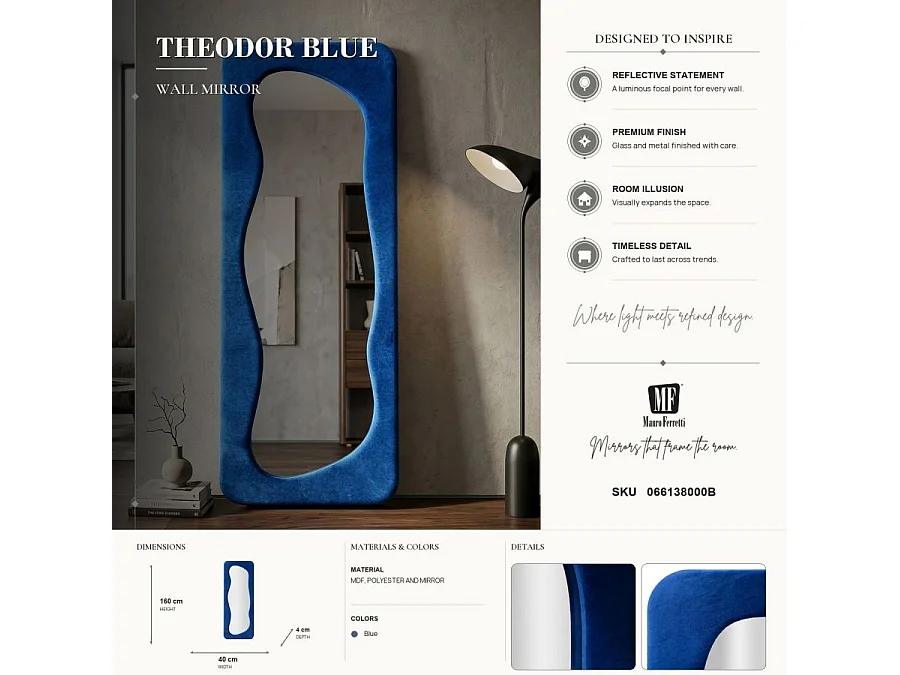 Miroir Mural en Velours "Theodor" 160cm Bleu