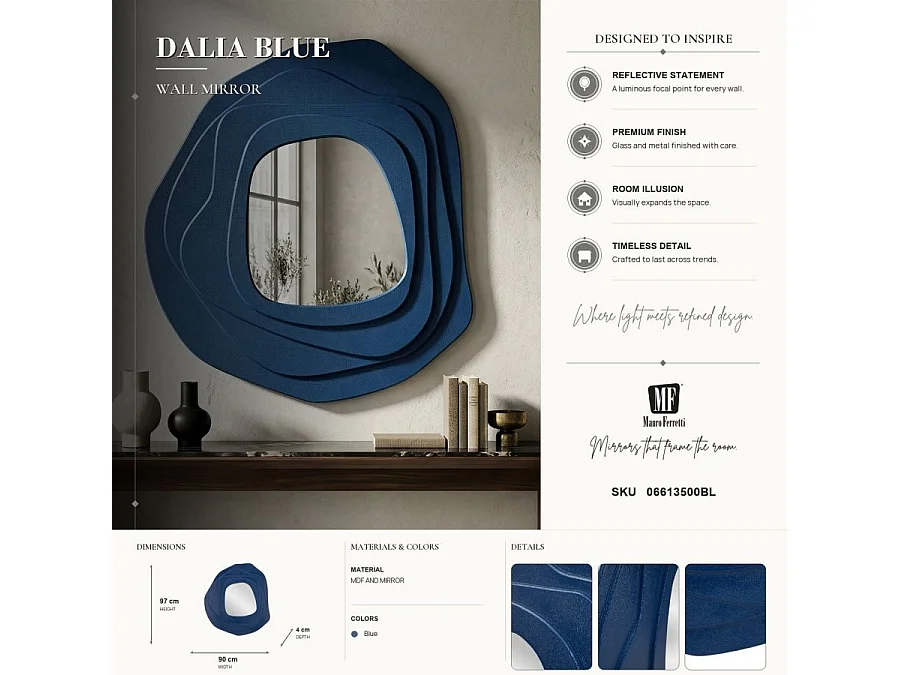 Espejo de pared de diseño en MDF 90x97 cm Dalia - Azul Marino