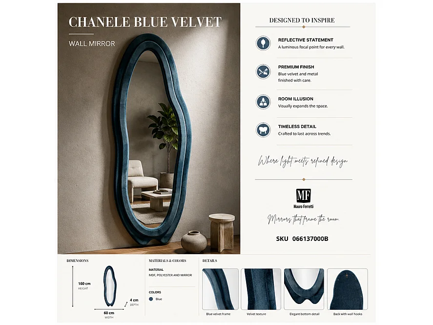 Miroir Mural en Velours "Chanel" 160cm Bleu