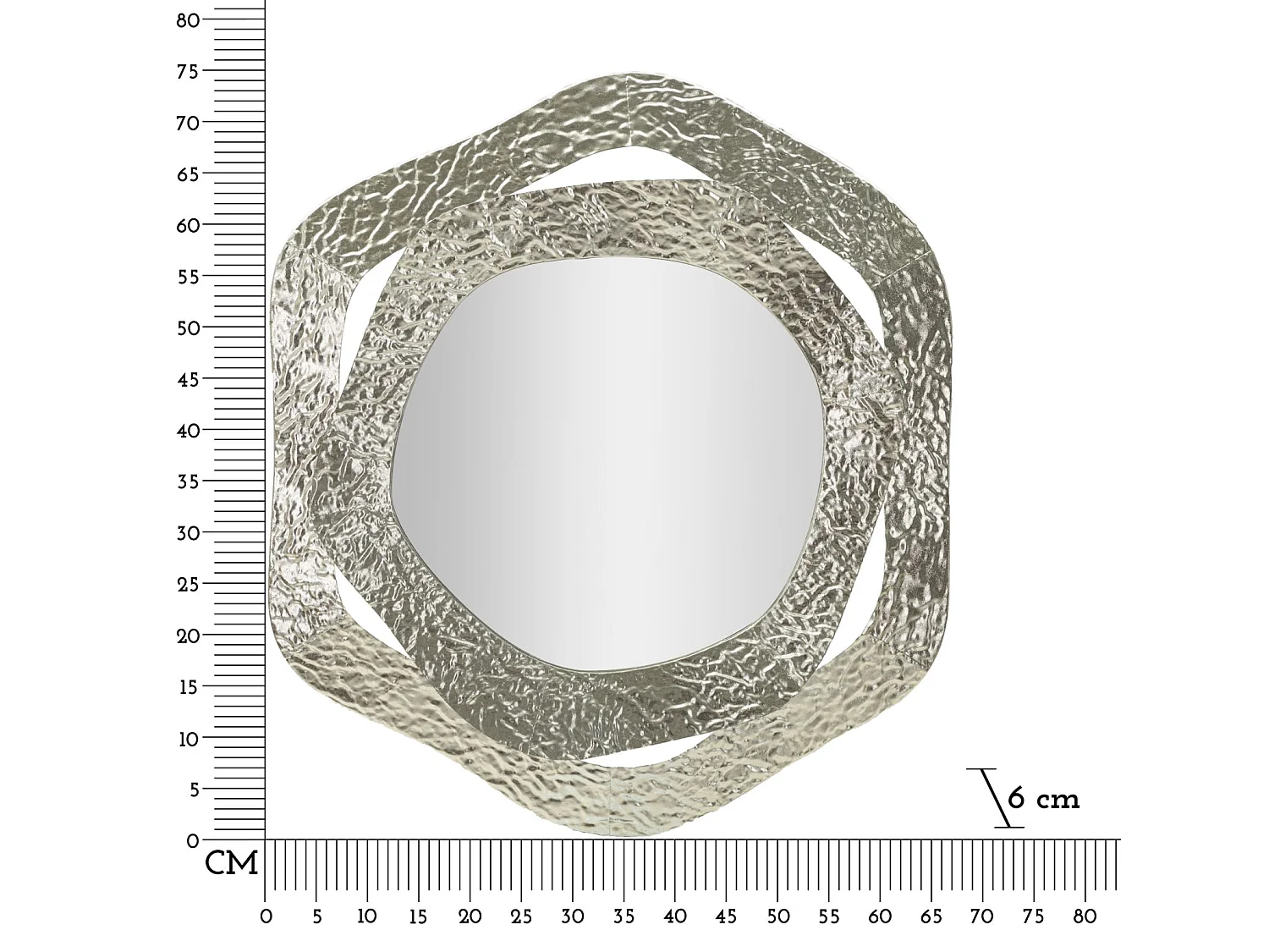 Zilverkleurige metalen wandspiegel 66x6x75 cm.