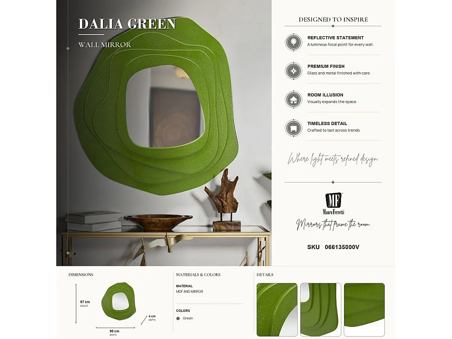 Espejo de pared de diseño en MDF 90x97 cm Dalia - Verde oscuro