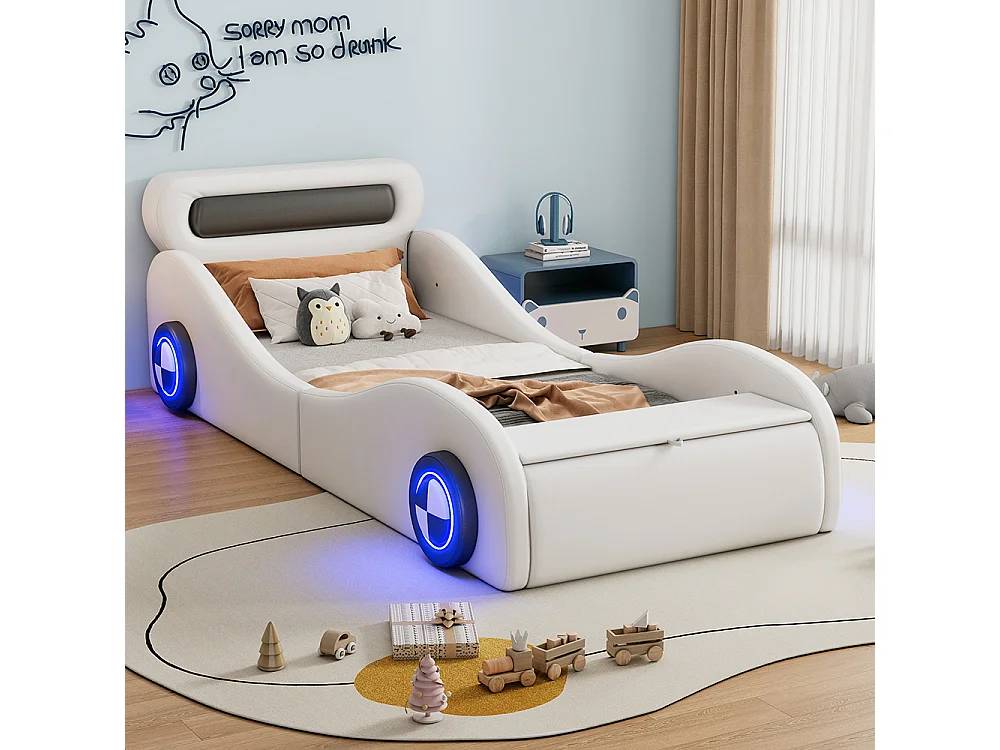 Polsterbett 90x200 cm, Kinderbett, Autoform mit beleuchteten Rädern und Stauraum, PU, weiß.