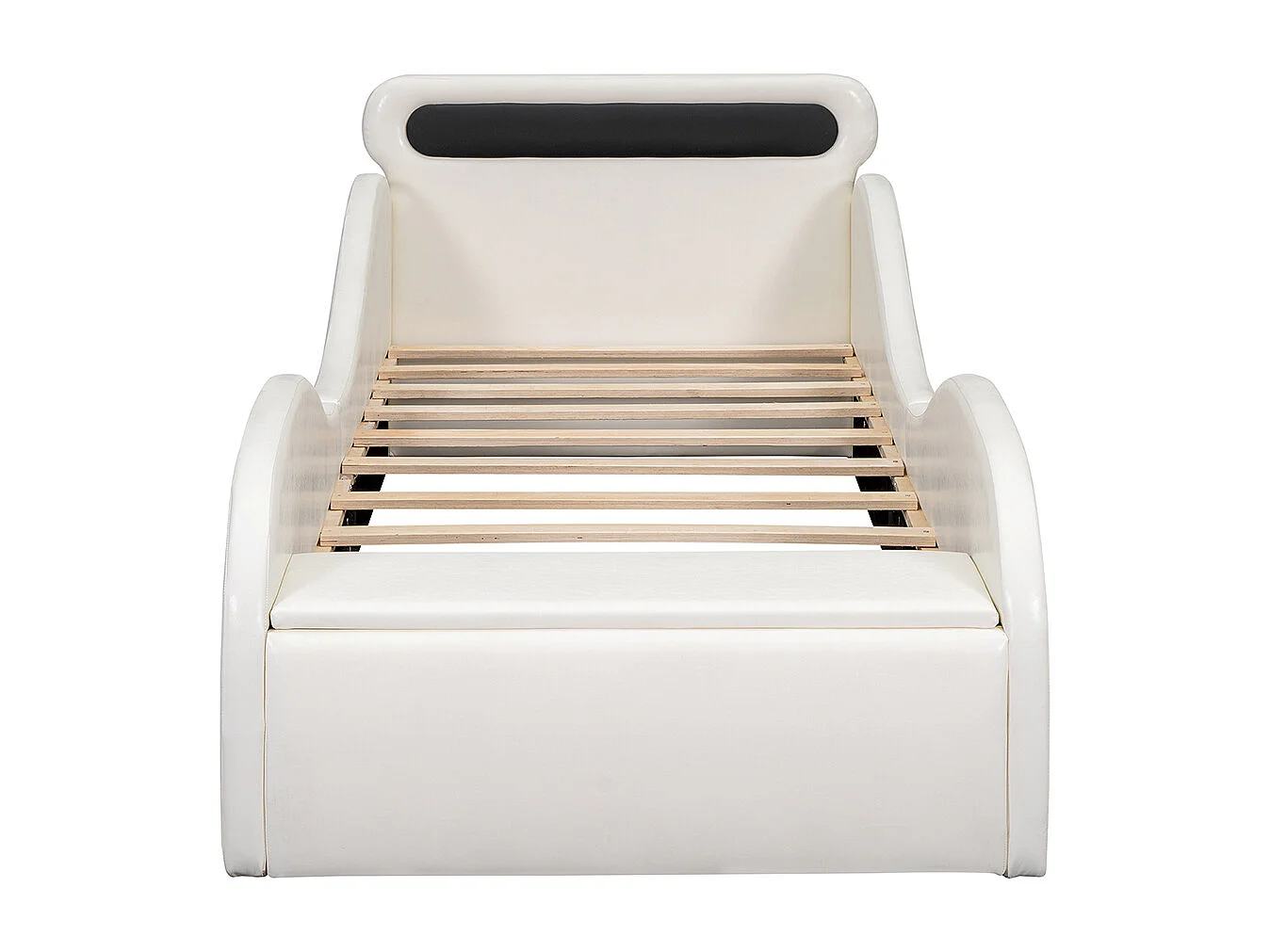 Polsterbett 90x200 cm, Kinderbett, Autoform mit beleuchteten Rädern und Stauraum, PU, weiß.