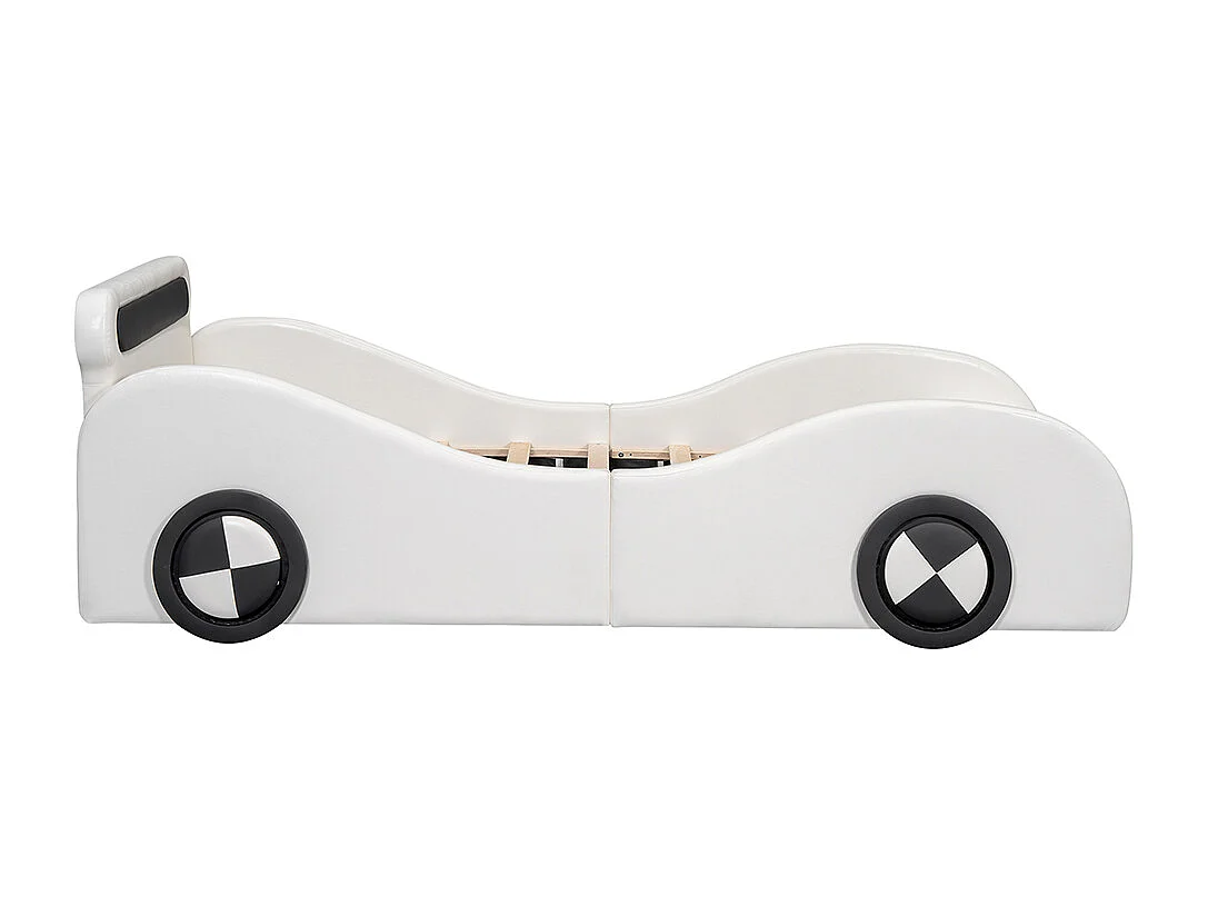 Polsterbett 90x200 cm, Kinderbett, Autoform mit beleuchteten Rädern und Stauraum, PU, weiß.