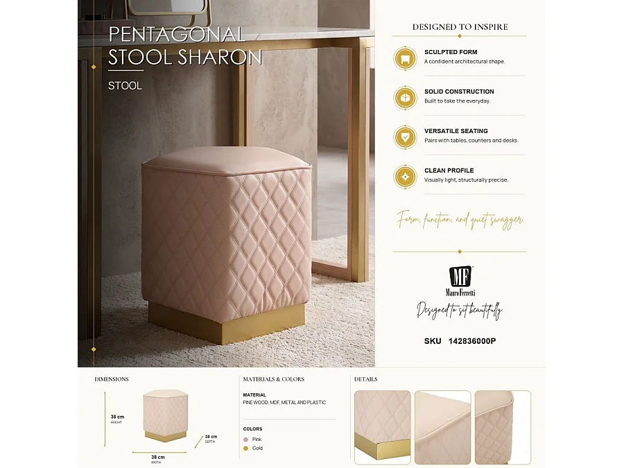 Pouf Matelassé "Sharon" 38cm Rose & Or
