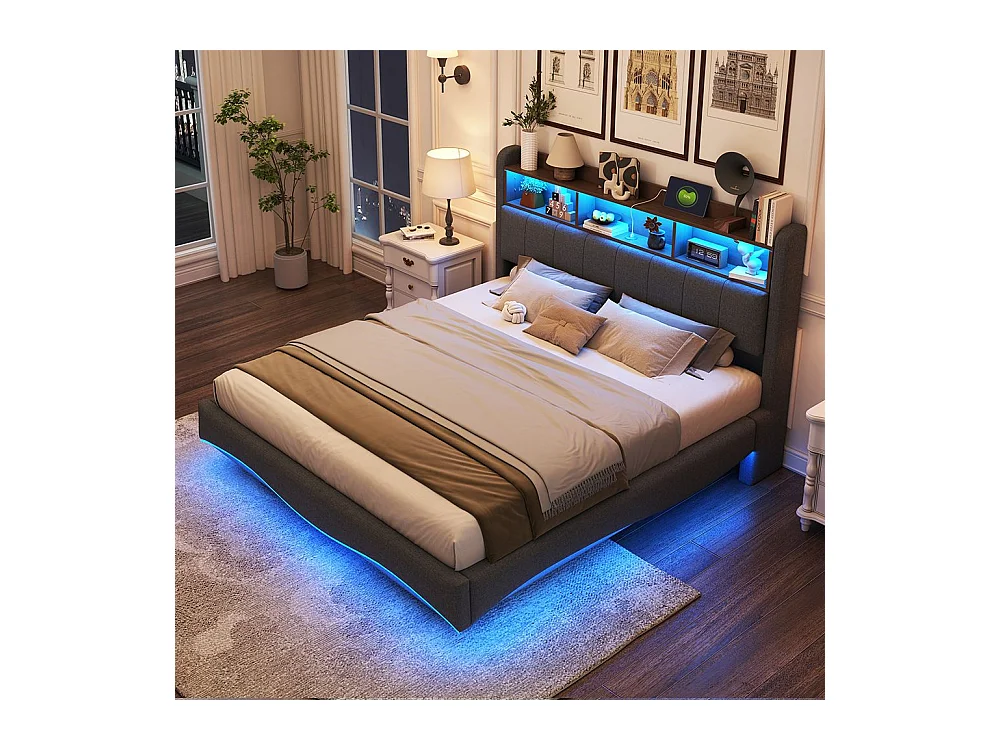 Lit rembourré 160*200 en design suspendu, tissu lin, avec lumières LED, ports USB et TYPE-C, gris