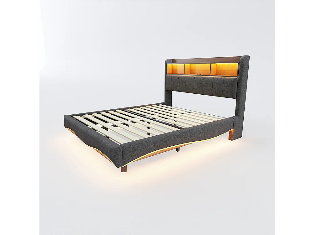 Lit rembourré 160*200 en design suspendu, tissu lin, avec lumières LED, ports USB et TYPE-C, gris
