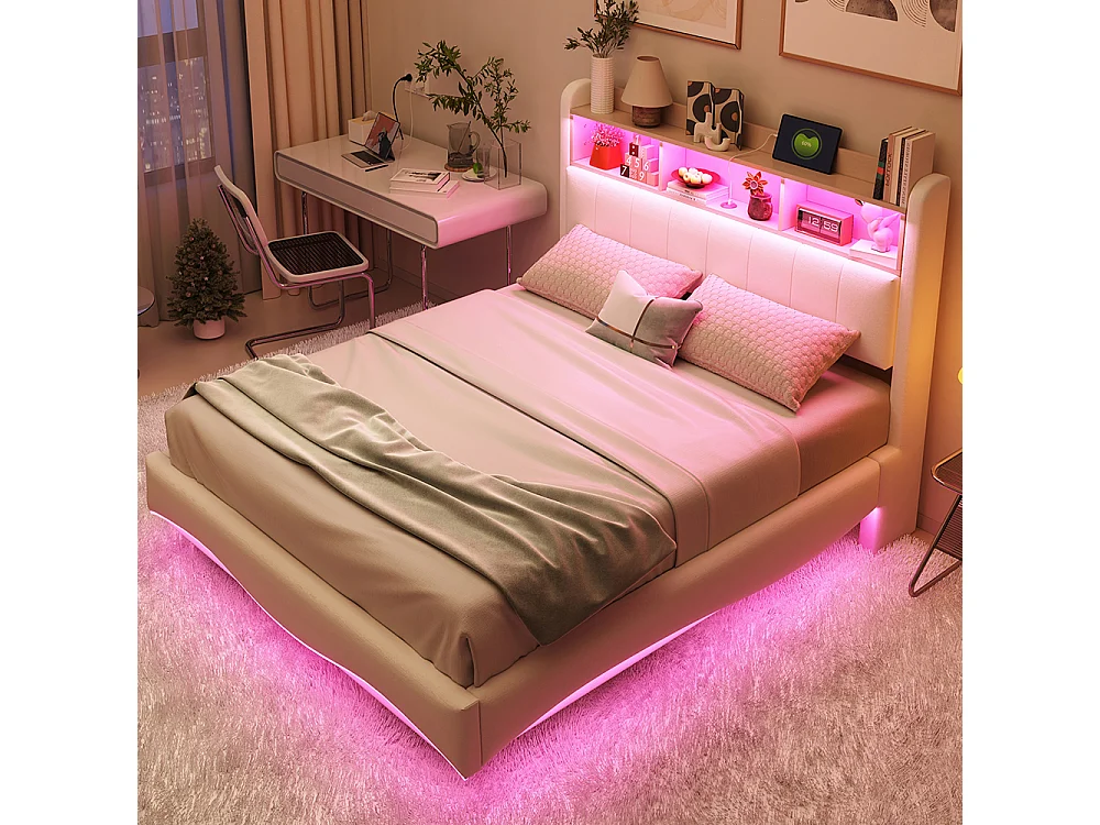 Lit rembourré 140*200 en design suspendu, tissu lin, avec lumières LED, ports USB et TYPE-C, beige