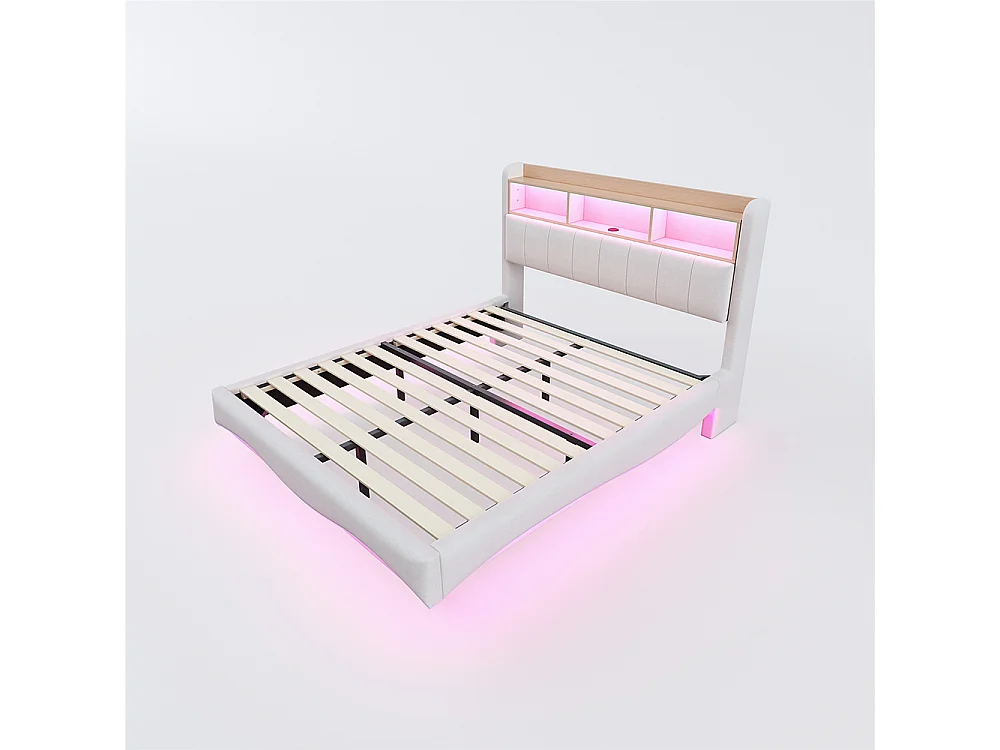 Lit rembourré 140*200 en design suspendu, tissu lin, avec lumières LED, ports USB et TYPE-C, beige
