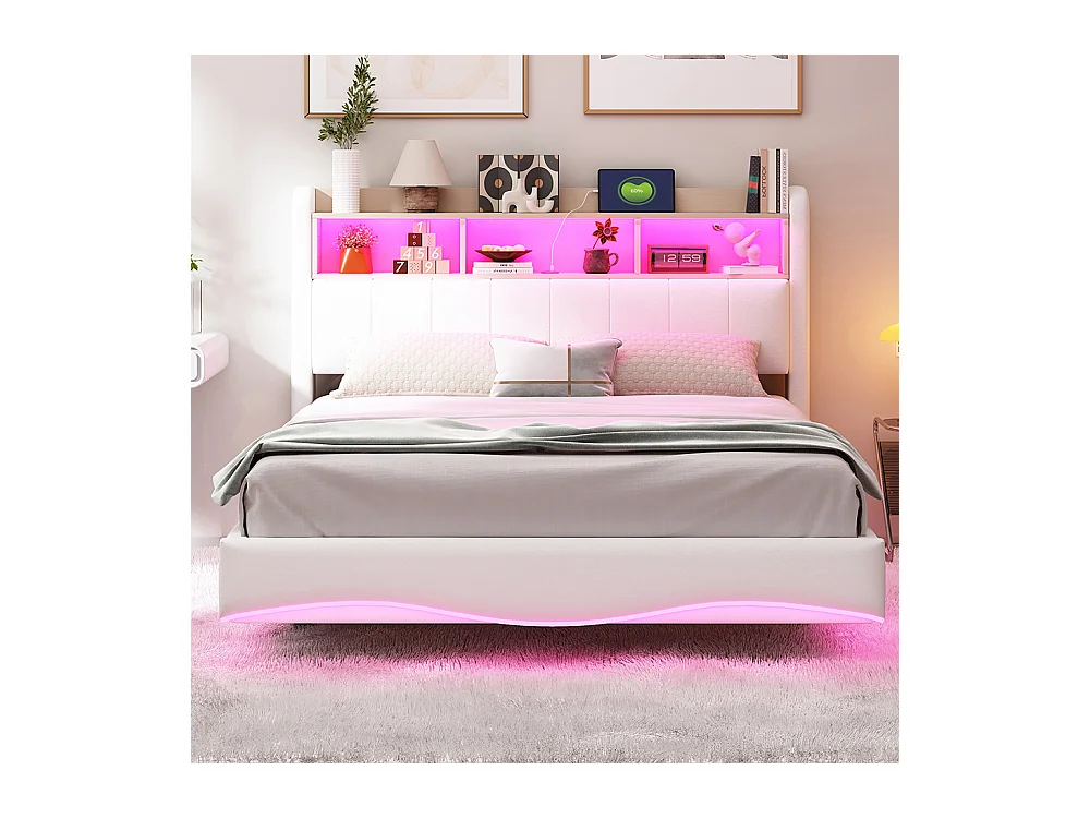 Lit rembourré 140*200 en design suspendu, tissu lin, avec lumières LED, ports USB et TYPE-C, beige