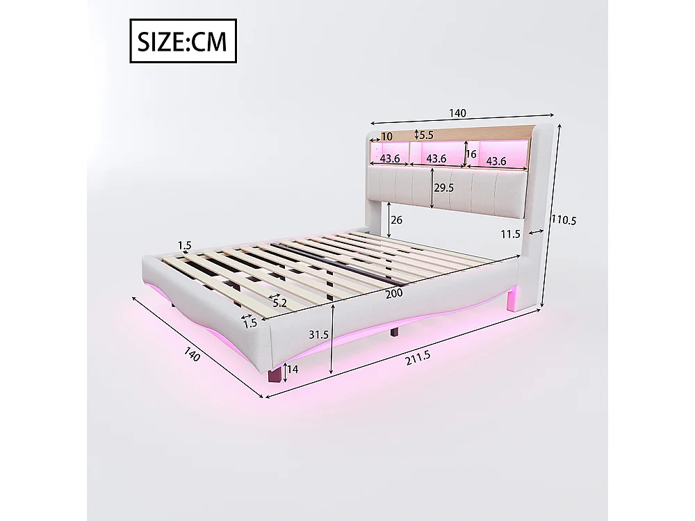 Letto imbottito 140*200 in design sospeso, tessuto di lino, con luci LED, porte USB e TYPE-C, beige