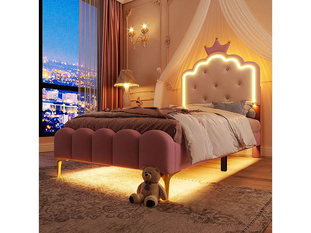 Polsterbett 90 x 200 cm, Stimmungslicht mit Fernbedienung, Krone in Form einer Prinzessin, PU, pink.