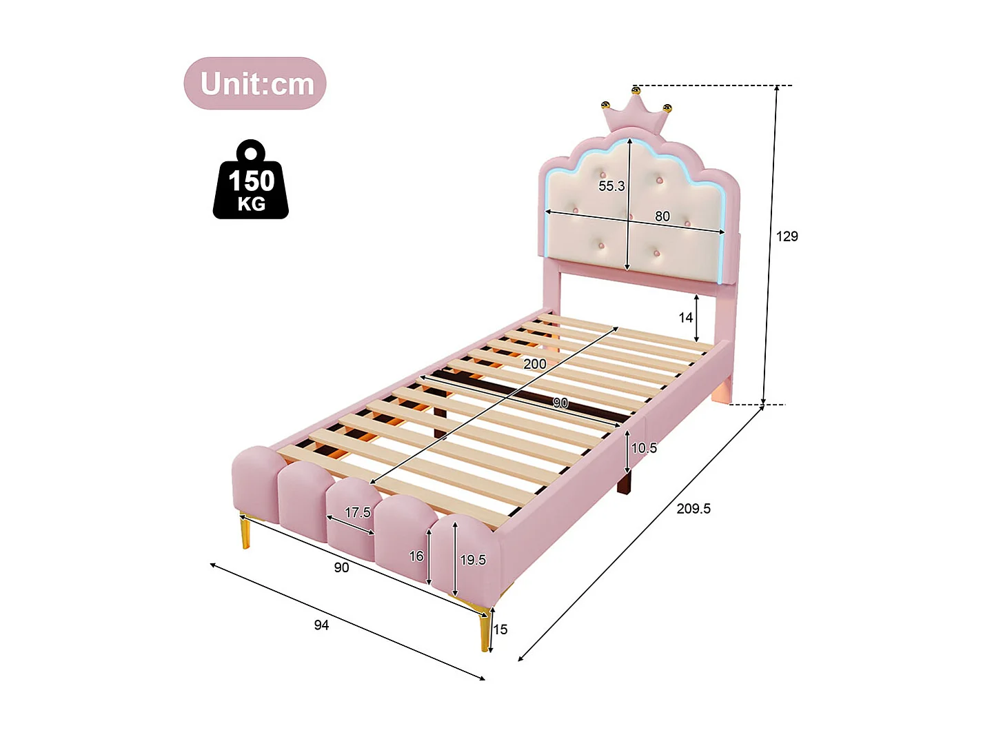 Polsterbett 90 x 200 cm, Stimmungslicht mit Fernbedienung, Krone in Form einer Prinzessin, PU, pink.
