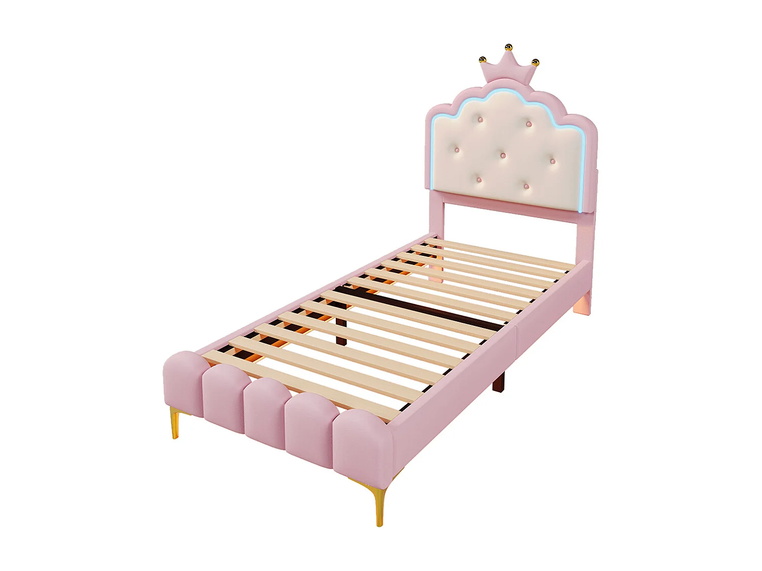 Polsterbett 90 x 200 cm, Stimmungslicht mit Fernbedienung, Krone in Form einer Prinzessin, PU, pink.