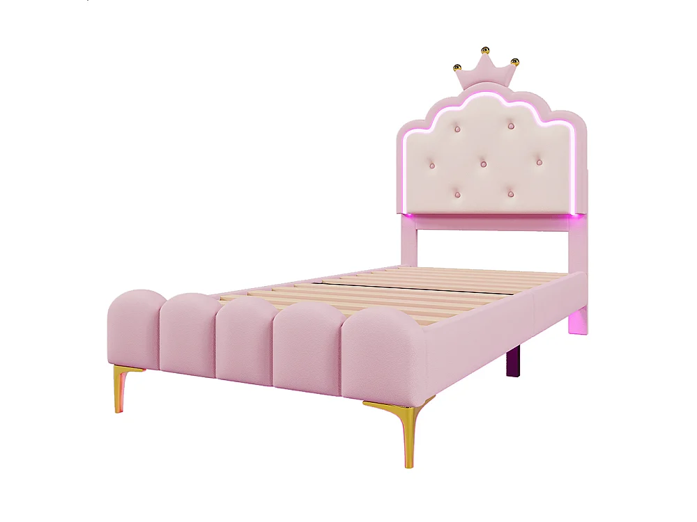 Polsterbett 90 x 200 cm, Stimmungslicht mit Fernbedienung, Krone in Form einer Prinzessin, PU, pink.
