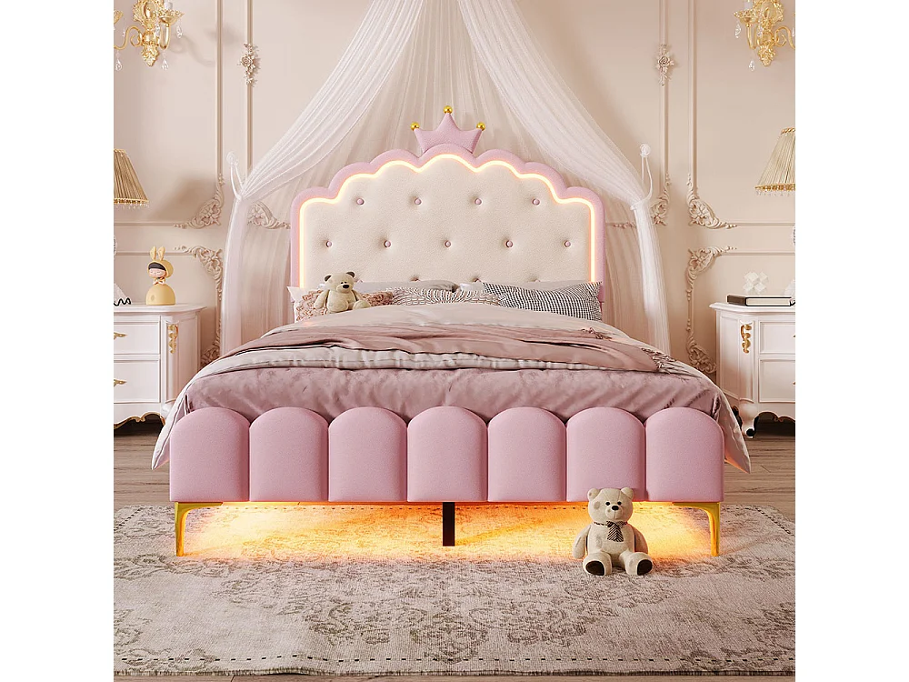 Polsterbett 140 x 200 cm, Stimmungslicht mit Fernbedienung, Krone in Prinzessinnenform, PU, pink
