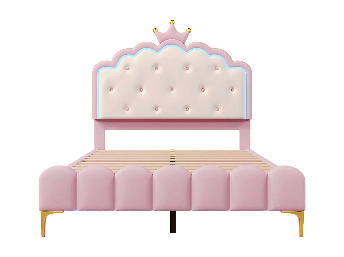 Polsterbett 140 x 200 cm, Stimmungslicht mit Fernbedienung, Krone in Prinzessinnenform, PU, pink
