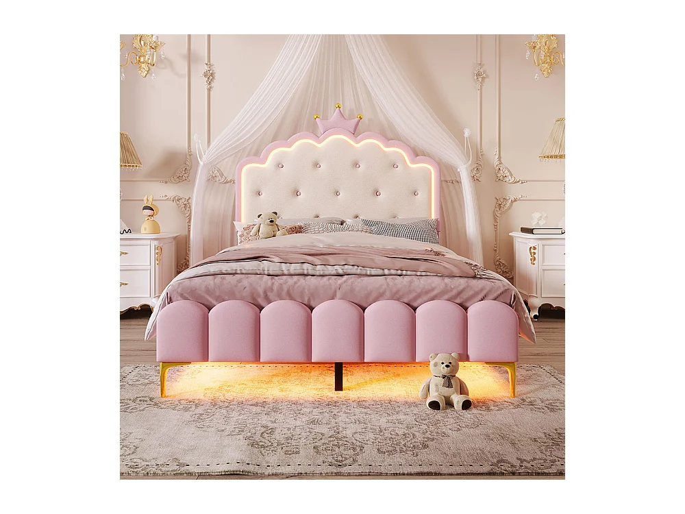 Lit rembourré 140 x 200 cm, lumière d'ambiance avec télécommande, couronne en forme de princesse, PU, rose