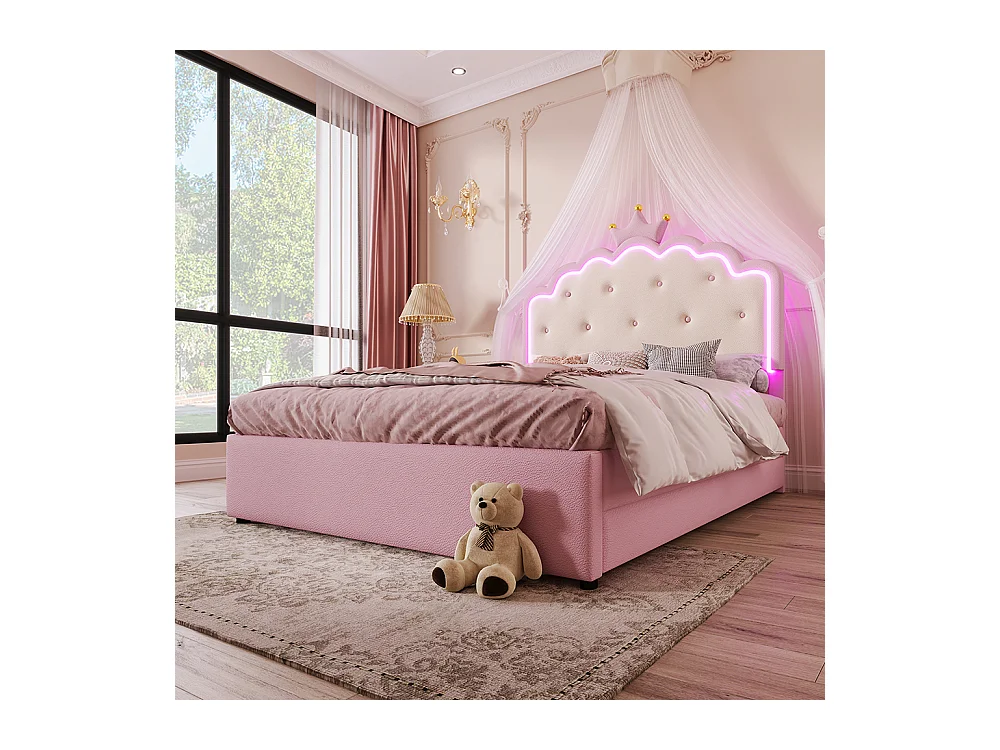 Lit rembourré 140 x 200 cm, éclairage d'ambiance avec télécommande, forme princesse, lit escamotable, PU, rose
