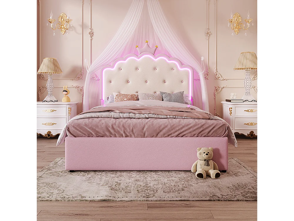 Lit rembourré 140 x 200 cm, éclairage d'ambiance avec télécommande, forme princesse, lit escamotable, PU, rose