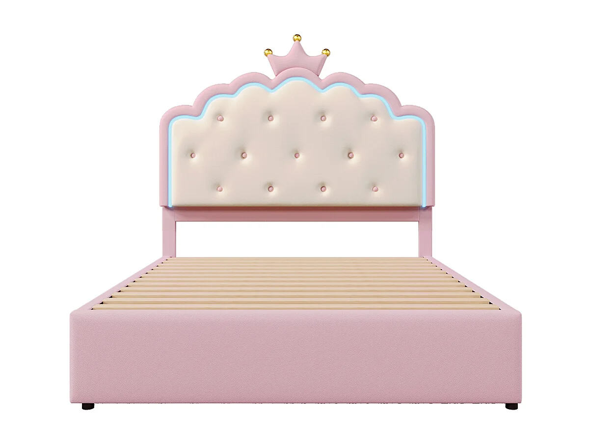 Lit rembourré 140 x 200 cm, éclairage d'ambiance avec télécommande, forme princesse, lit escamotable, PU, rose