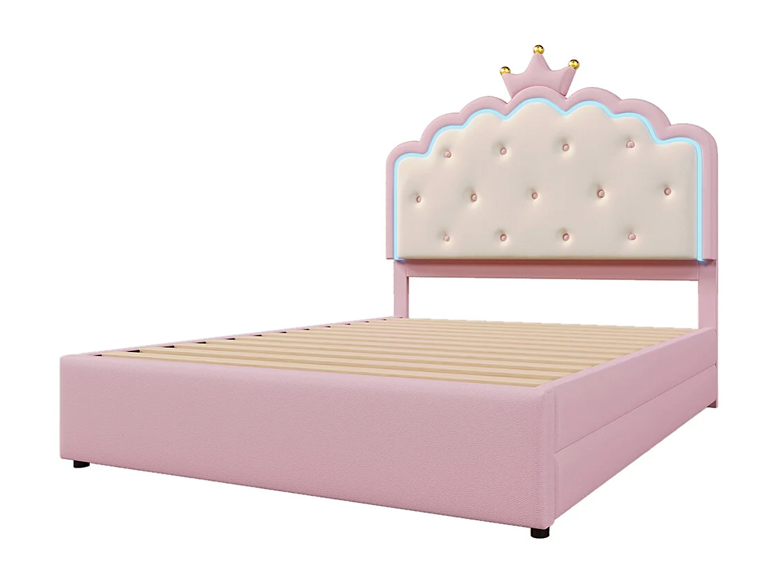 Lit rembourré 140 x 200 cm, éclairage d'ambiance avec télécommande, forme princesse, lit escamotable, PU, rose