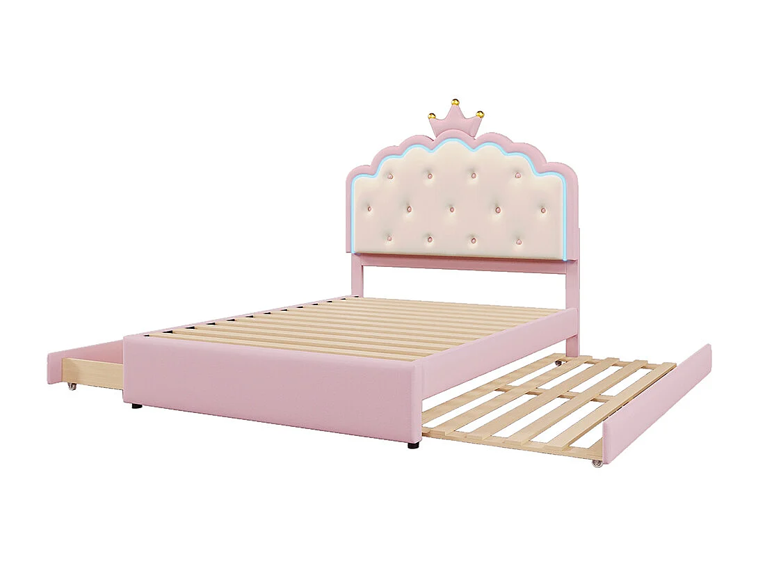 Lit rembourré 140 x 200 cm, éclairage d'ambiance avec télécommande, forme princesse, lit escamotable, PU, rose