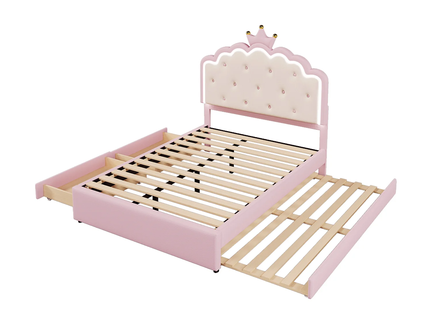 Lit d'enfant 140 x 200 cm, avec lumière d'ambiance, forme princesse, lit pliable, 2 tiroirs, rose