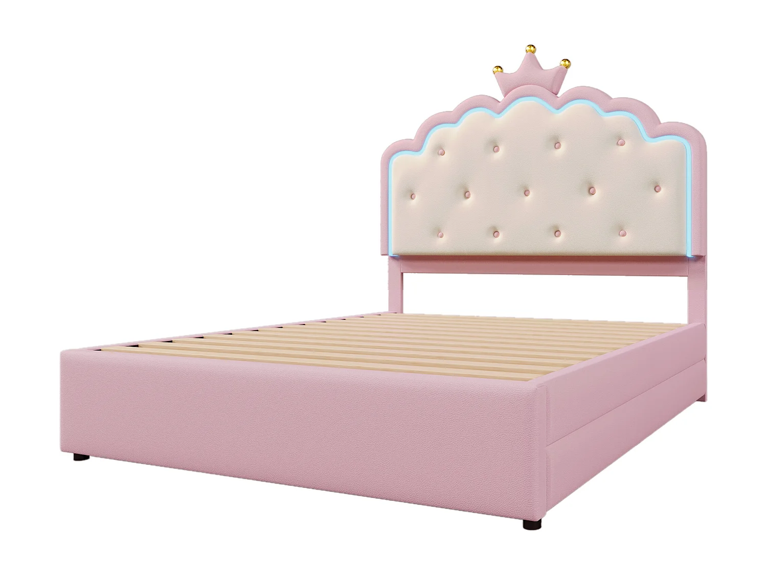 Lit d'enfant 140 x 200 cm, avec lumière d'ambiance, forme princesse, lit pliable, 2 tiroirs, rose